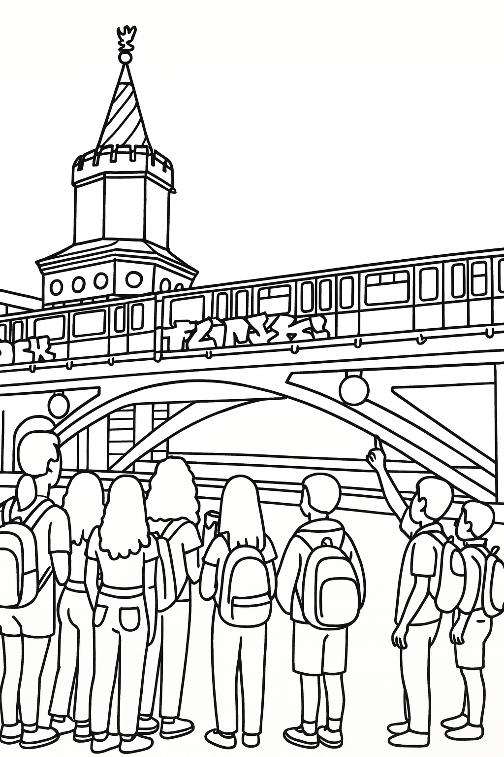 Students on a Berlin class trip standing near the Oberbaum Bridge, watching a yellow U-Bahn train covered in graffiti, learning about urban art during a Street Art Game tour.