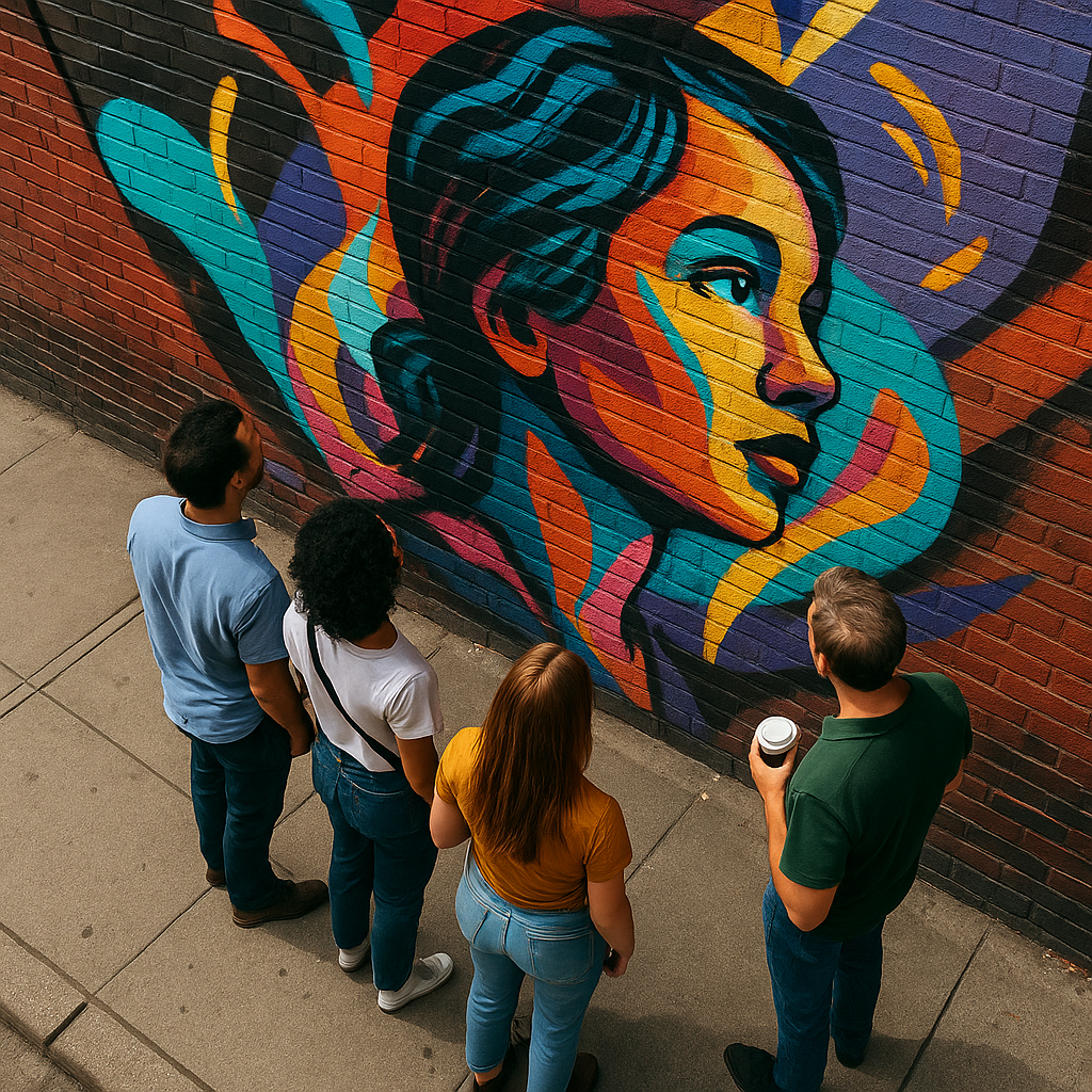 People observing a large mural in Williamsburg, Brooklyn, surrounded by colorful street art on brick walls.