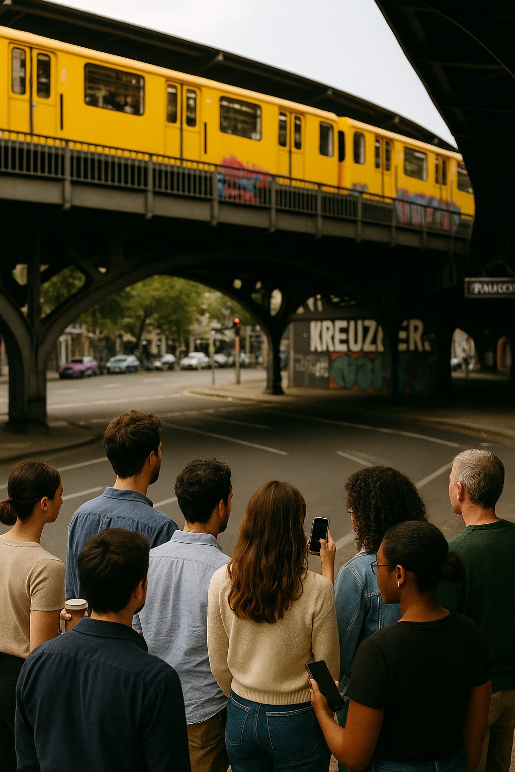 A diverse team stands under the U-Bahn tracks in Kreuzberg, Berlin, seen from behind, one person holding a coffee cup and another checking a phone, during a Street Art Game team event.