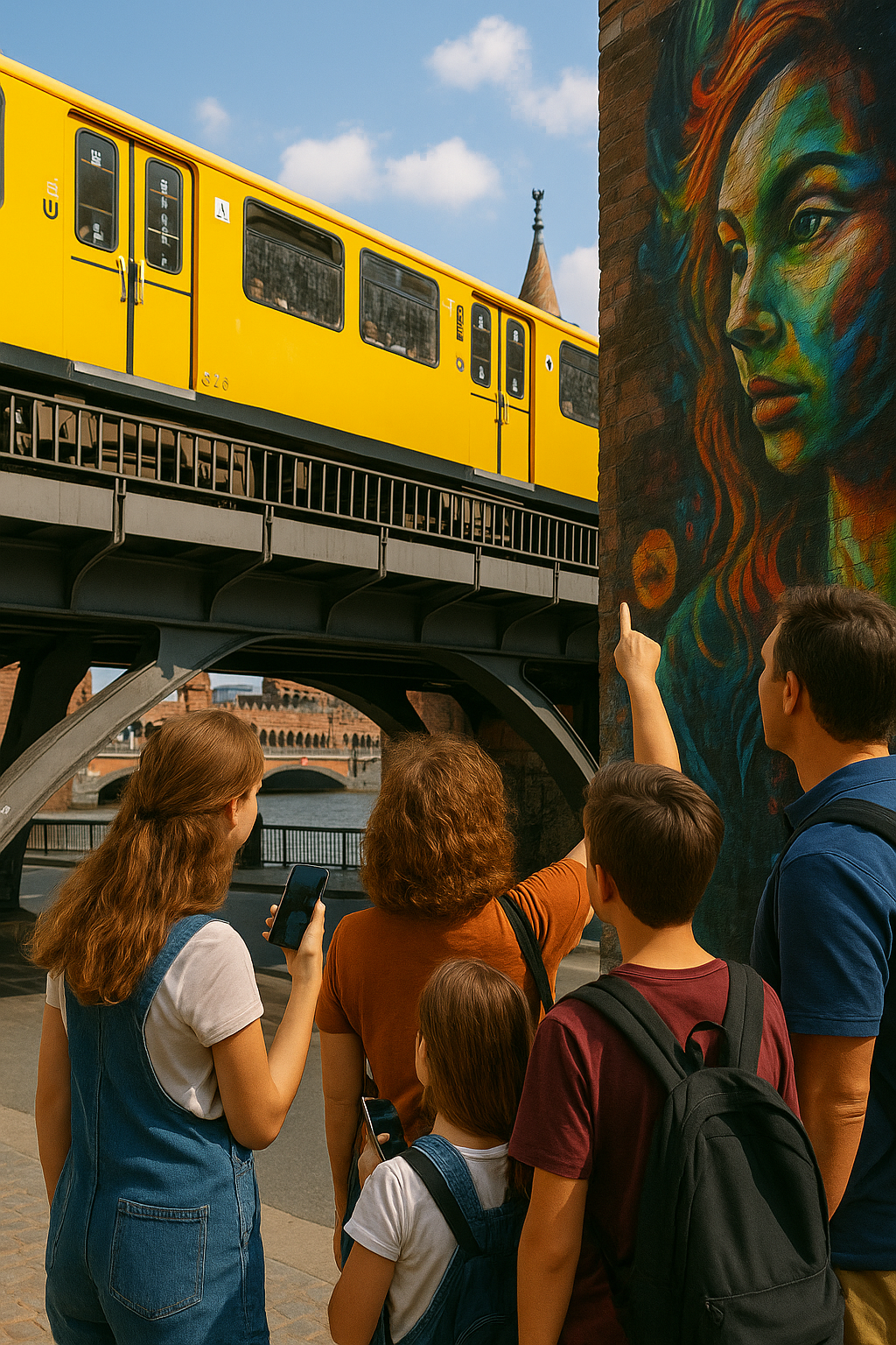 Family with teenagers exploring street art near the Oberbaum Bridge in Berlin, one parent pointing at a mural while a teen takes photos with a smartphone, during a Street Art Game tour.