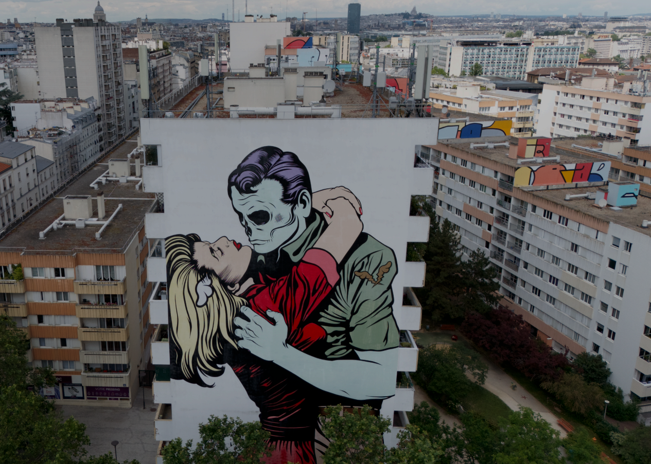 Team exploring colorful murals during the Paris Team Building Street Art Walk in the 13th arrondissement