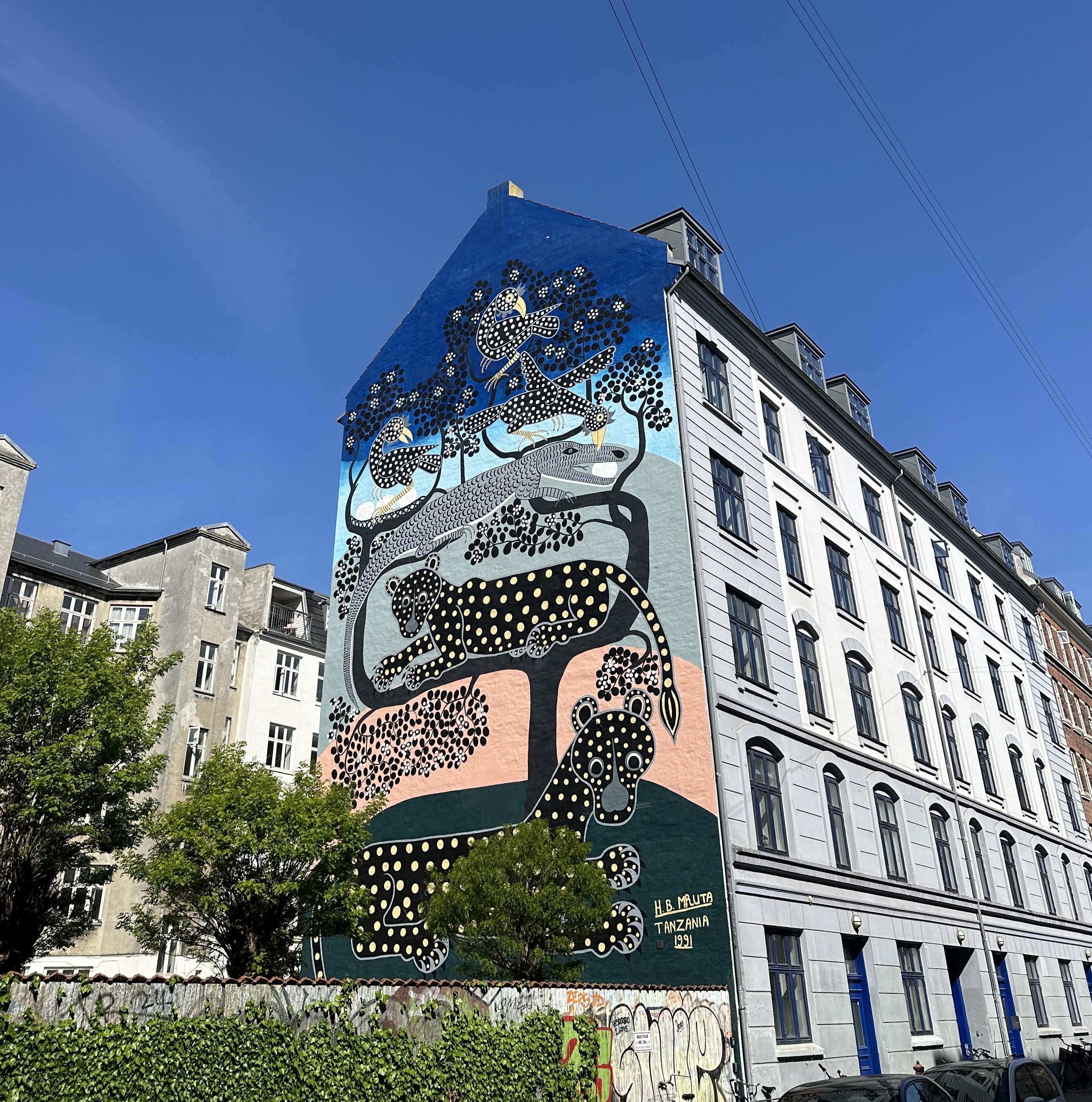 Street Art Tour Copenhagen featuring the artwork by Mruta Hashim Bushiri in the Meatpacking District of Copenhagen.