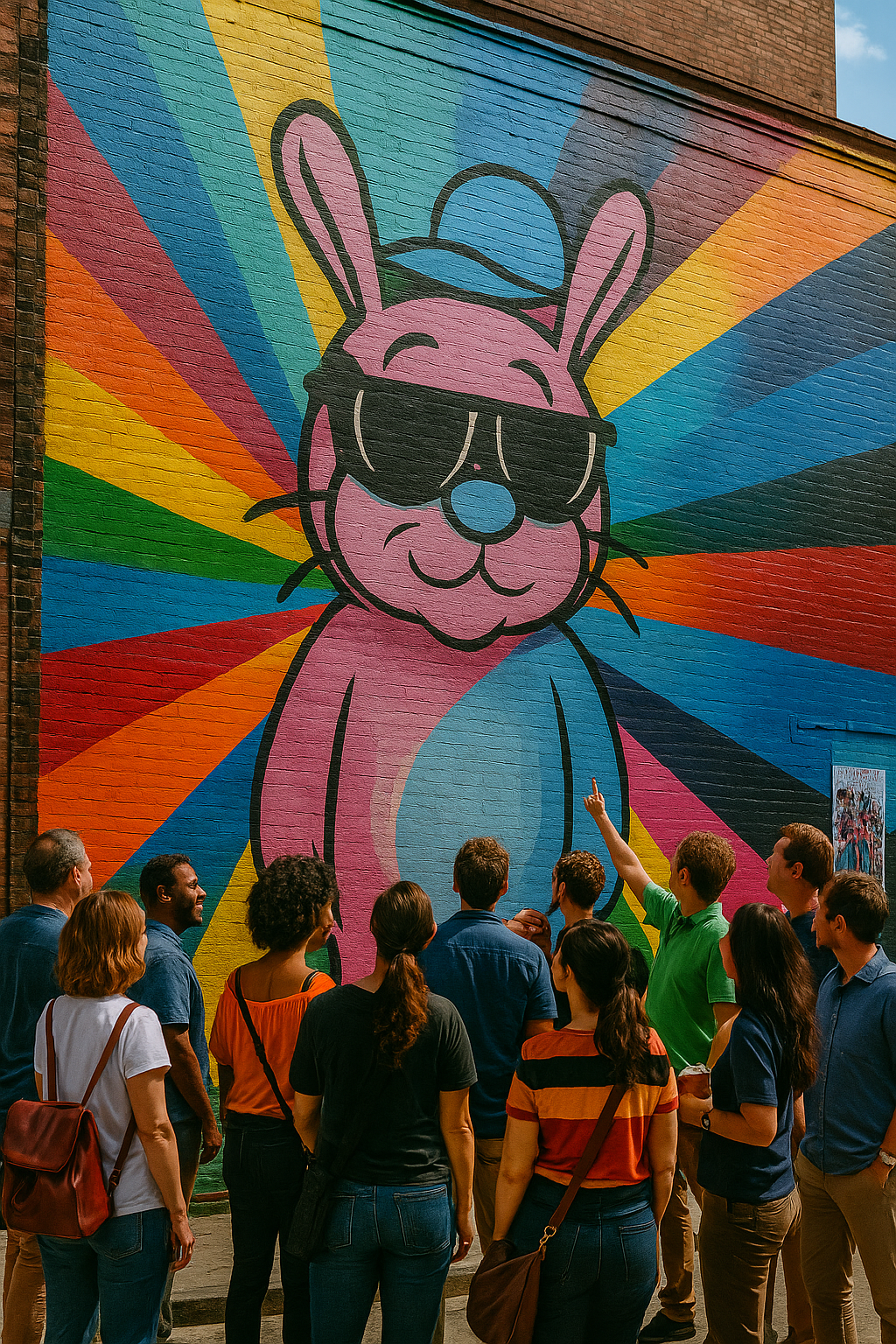 A group observing a colorful mural in Williamsburg, Brooklyn, with vibrant street art covering a brick warehouse wall.