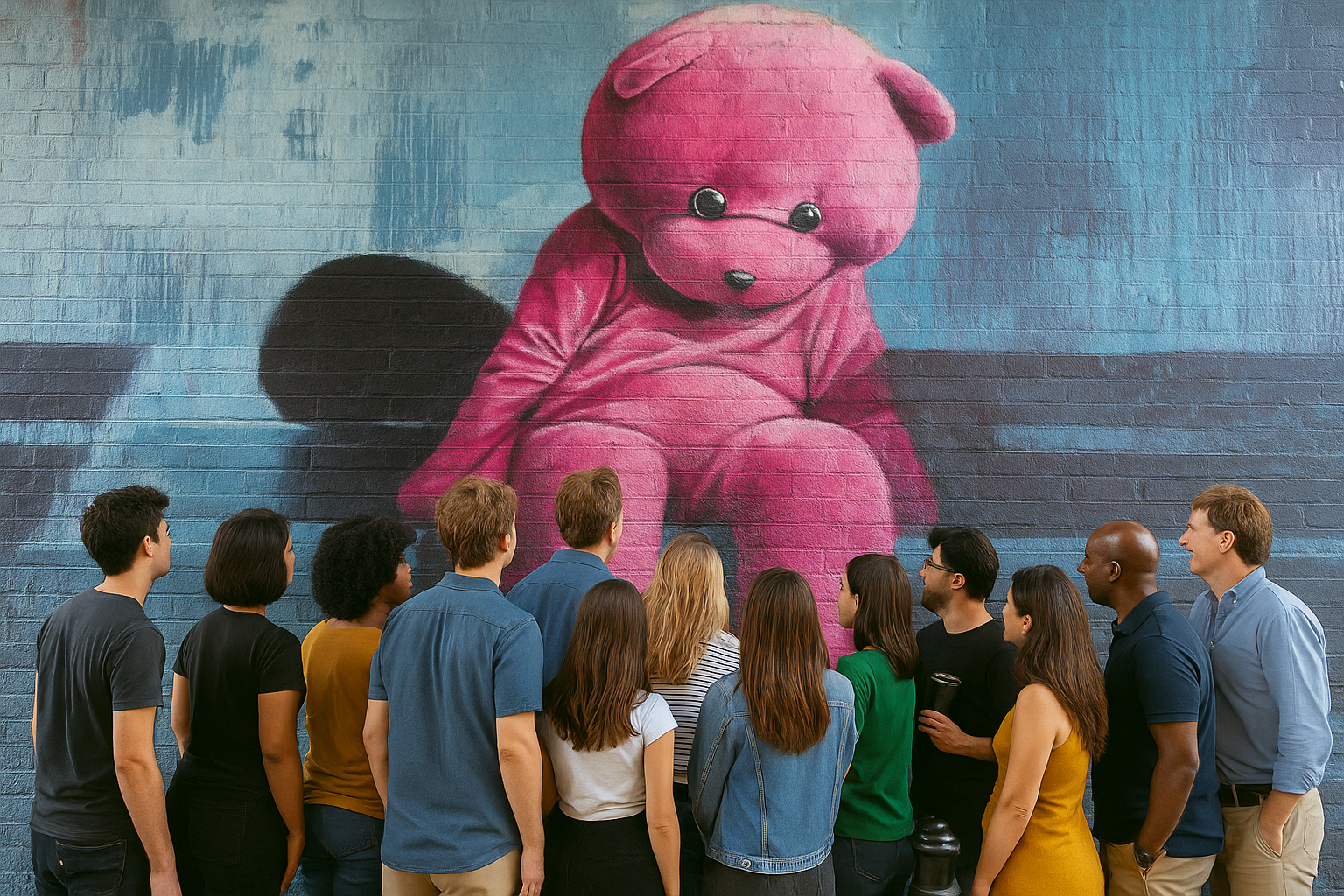 A group of corporate colleagues exploring Shoreditch street art and vibrant graffiti murals on a London team-building walk.