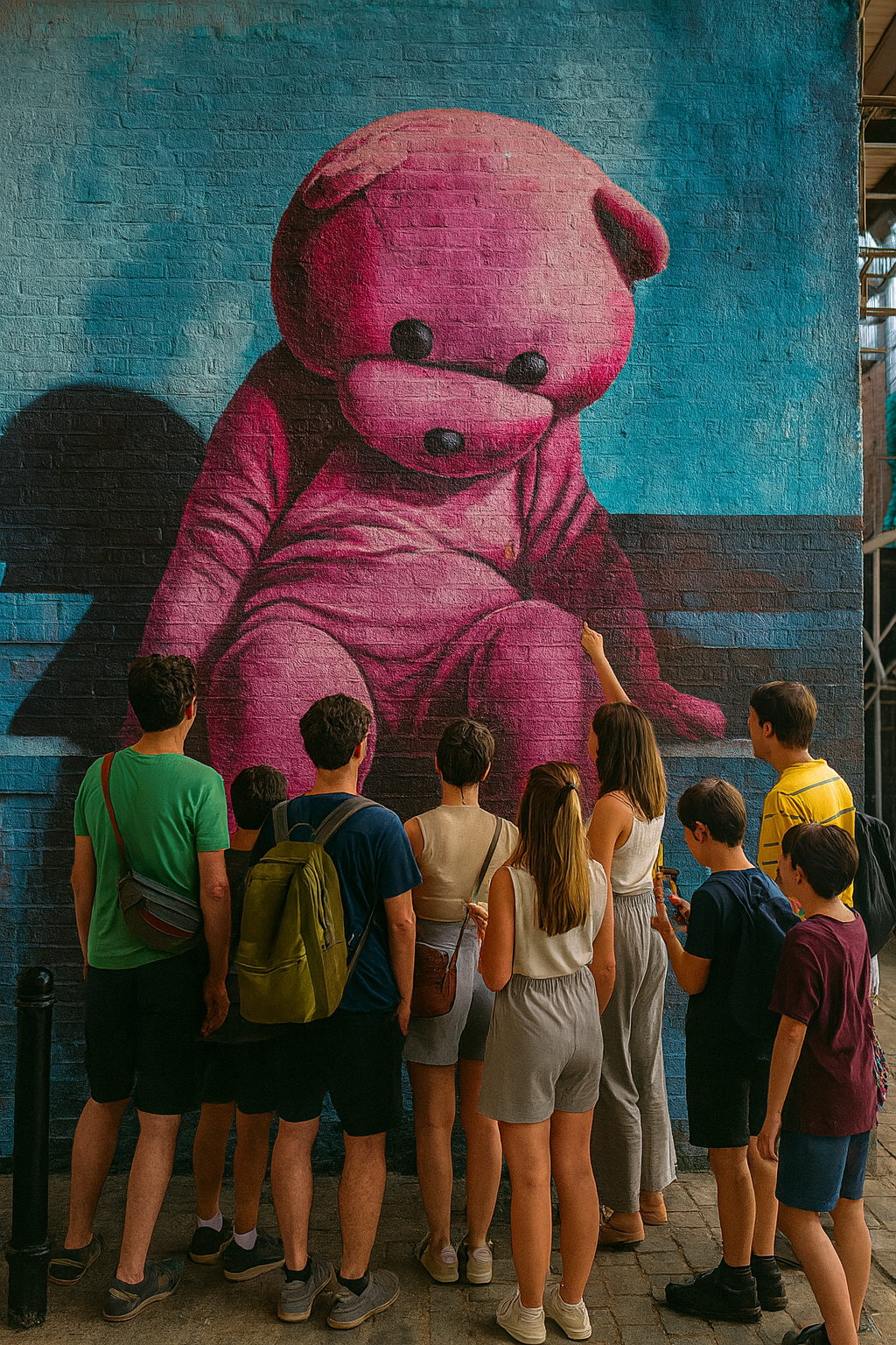 Students on a London class trip exploring vibrant Shoreditch street art and graffiti murals with their teacher.