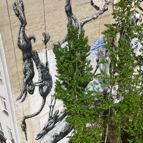 Team admiring BLU’s political mural on the Berlin Team Building Street Art Walk.