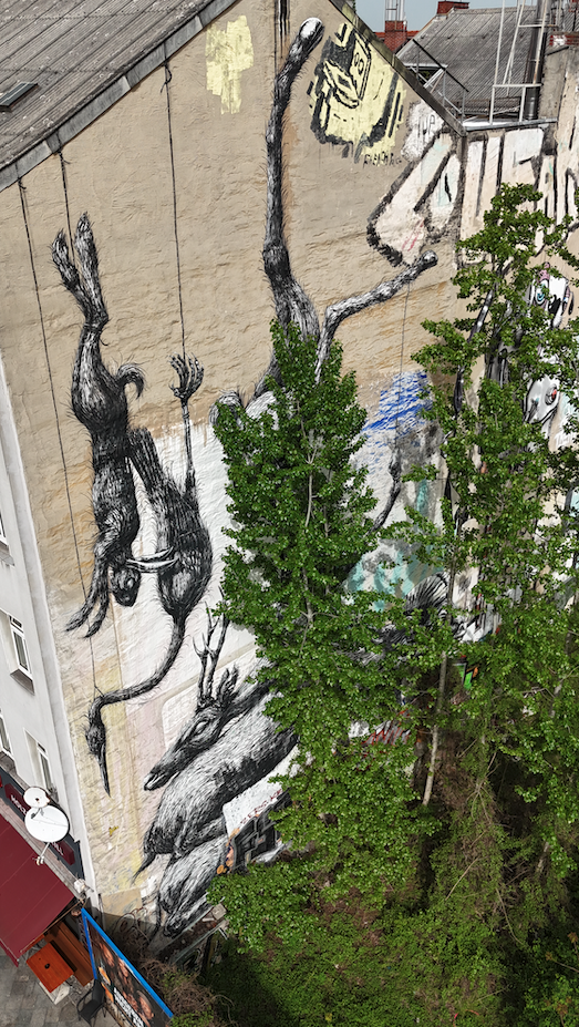 Team admiring BLU’s political mural on the Berlin Team Building Street Art Walk.