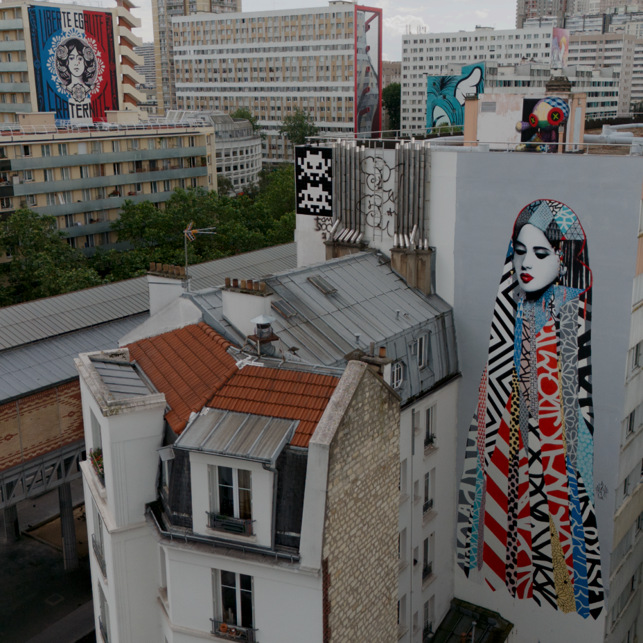 Street Art team event in Paris with murals by Shepard Fairey and Vhils