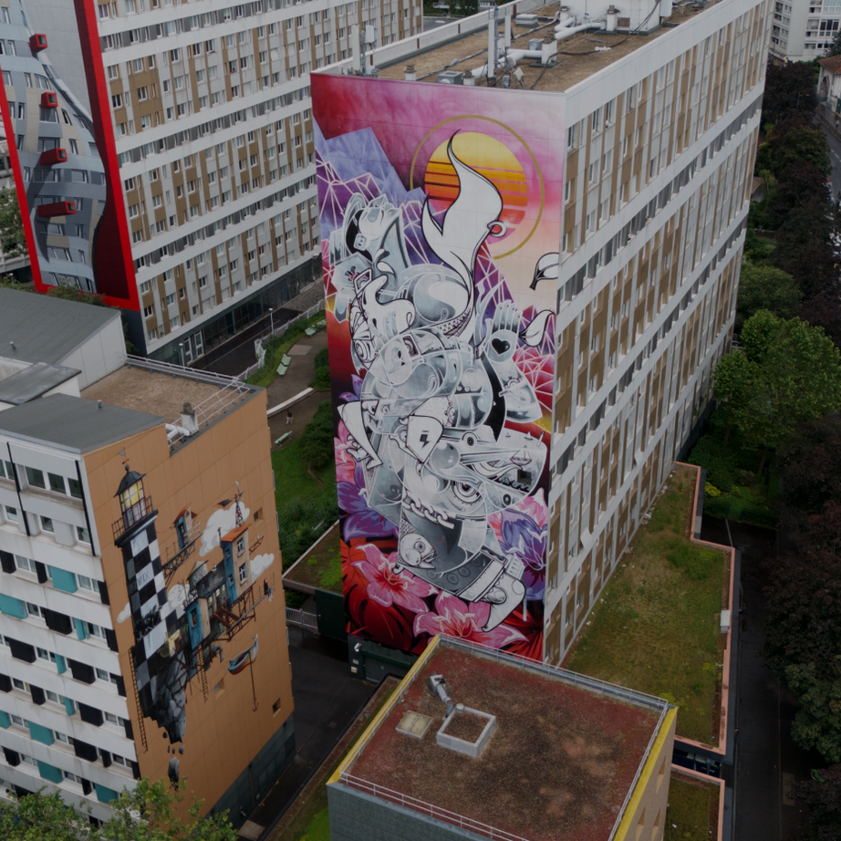 Color-block tower façade captured on the App-guided Street Art Tour Paris