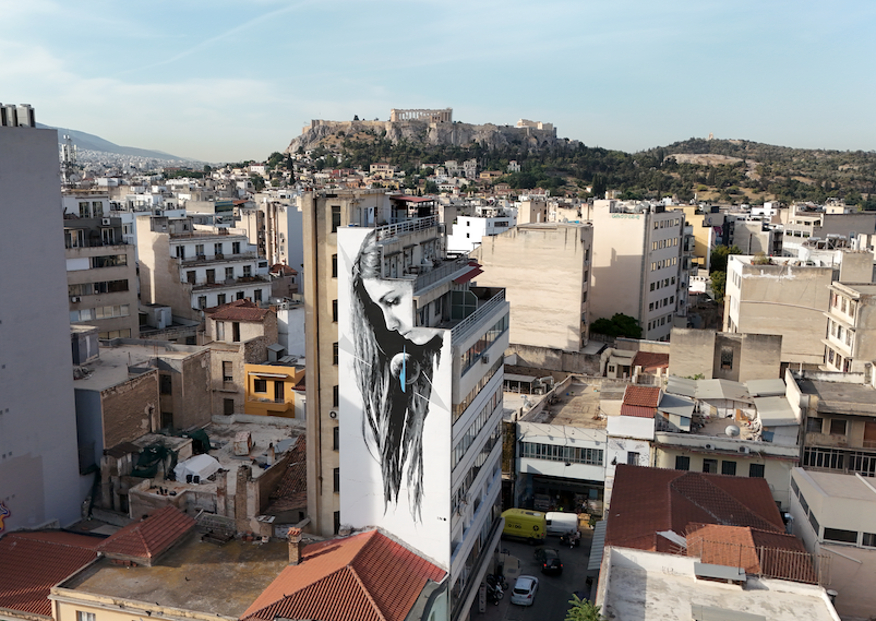Class Trip Athens Street Art Tour — group photo with mural backdrop near Sarri Street