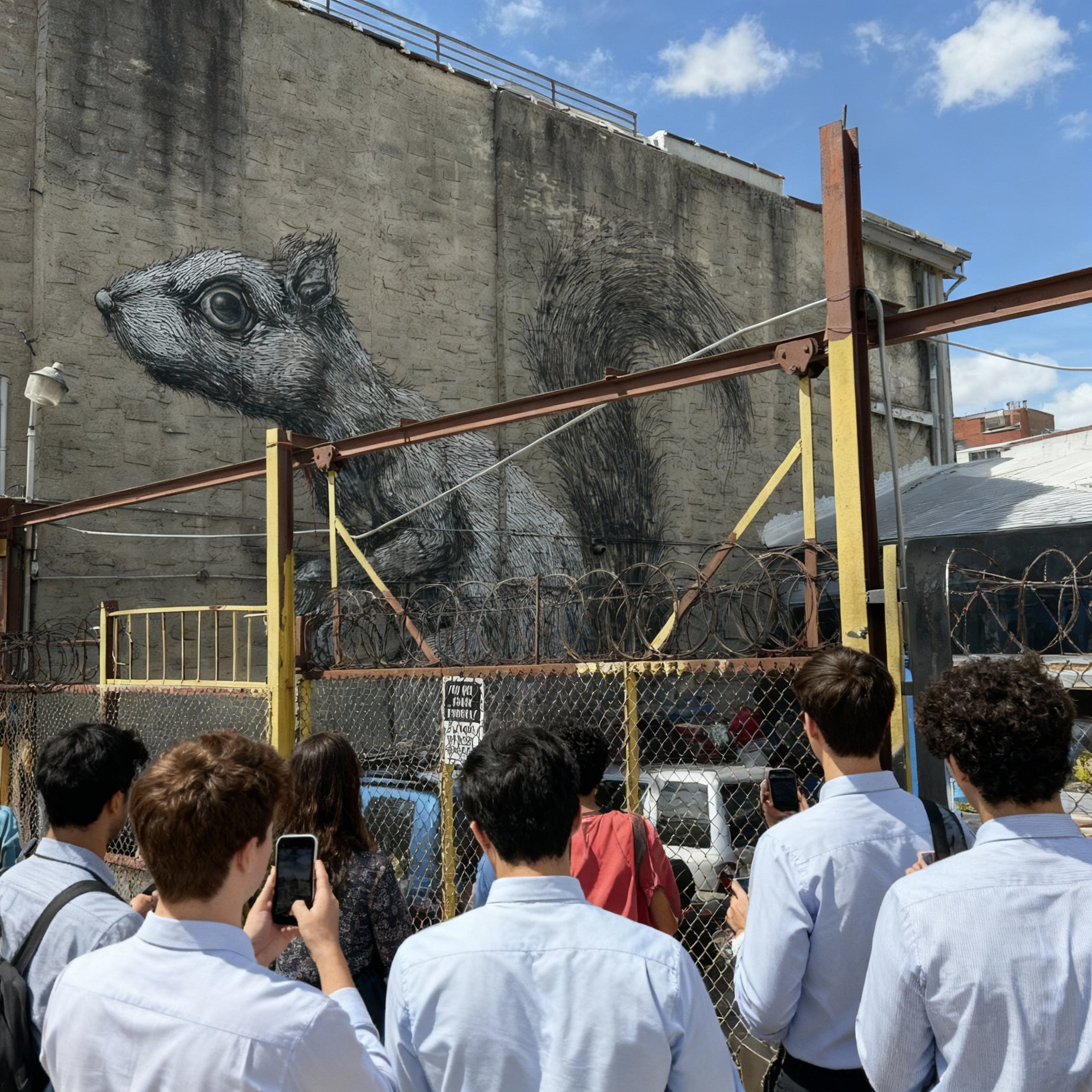 Team exploring ROA’s squirrel mural during the New York Team Building Street Art Walk in Williamsburg.